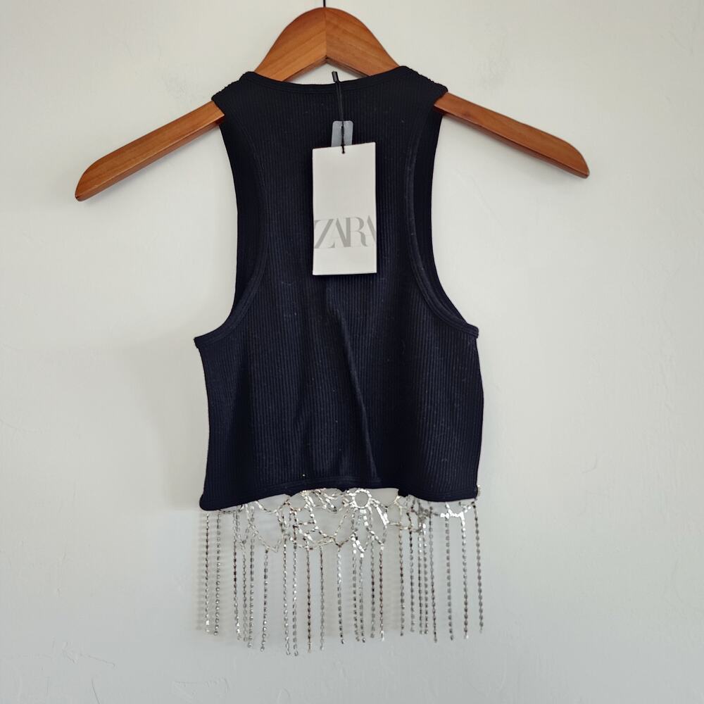Zara Black Ribbed Cropped Halter Top Rhinestone Fringe Hem XS-Small - Picture 4 of 7